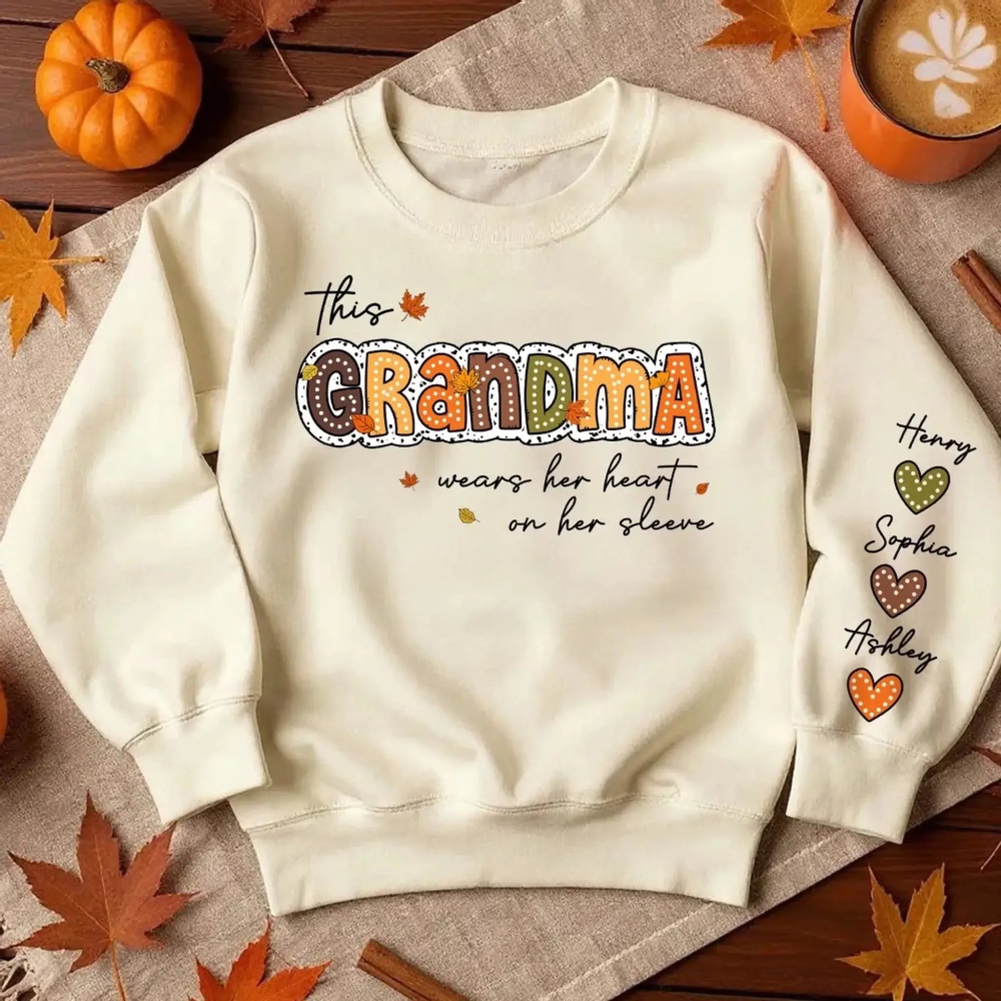 This Grandma Wears Her Heart on Her Sleeve – Personalized Sleeve Print Sweatshirt – Fall Season Gift for Grandma/Mama  Ezcustomize
