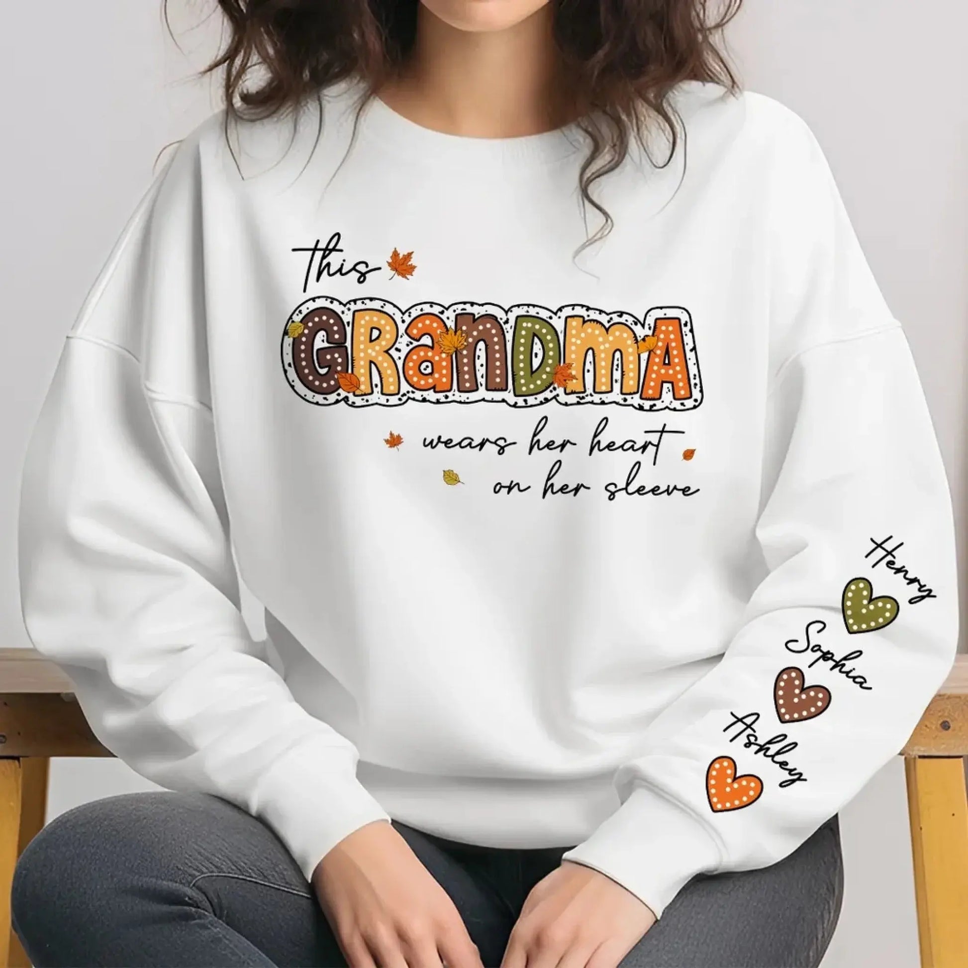 This Grandma Wears Her Heart on Her Sleeve – Personalized Sleeve Print Sweatshirt – Fall Season Gift for Grandma/Mama  Ezcustomize
