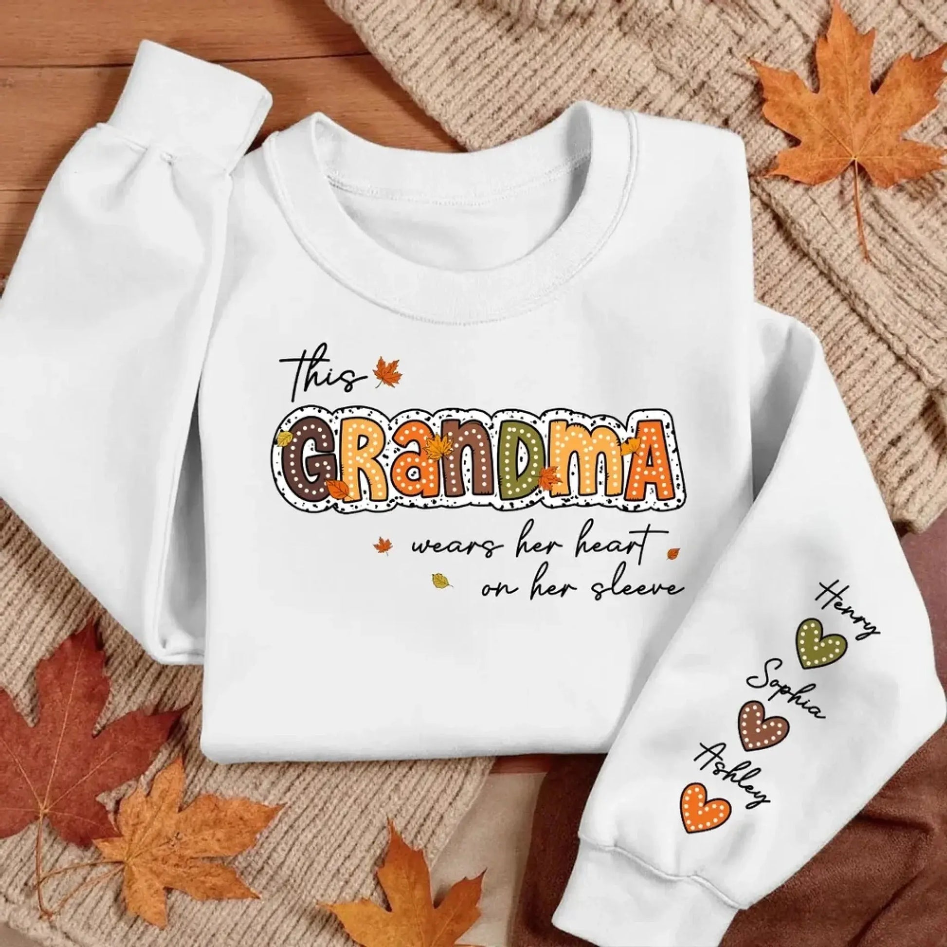 This Grandma Wears Her Heart on Her Sleeve – Personalized Sleeve Print Sweatshirt – Fall Season Gift for Grandma/Mama  Ezcustomize