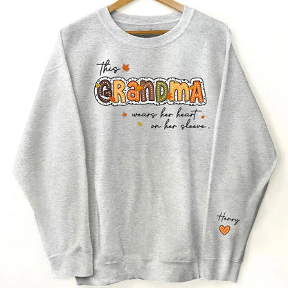 This Grandma Wears Her Heart on Her Sleeve – Personalized Sleeve Print Sweatshirt – Fall Season Gift for Grandma/Mama  Ezcustomize