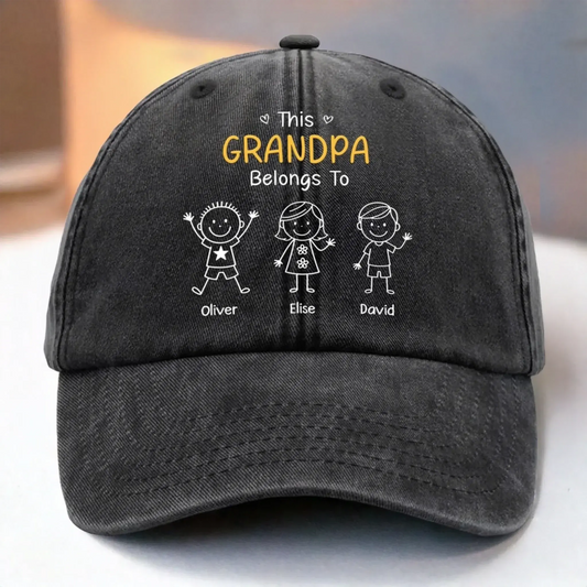 This Grandpa Belongs To – Personalized Washed Denim Cap with Grandkids' Names – Custom Stick Figure Hat Gift for Grandpa  Ezcustomize