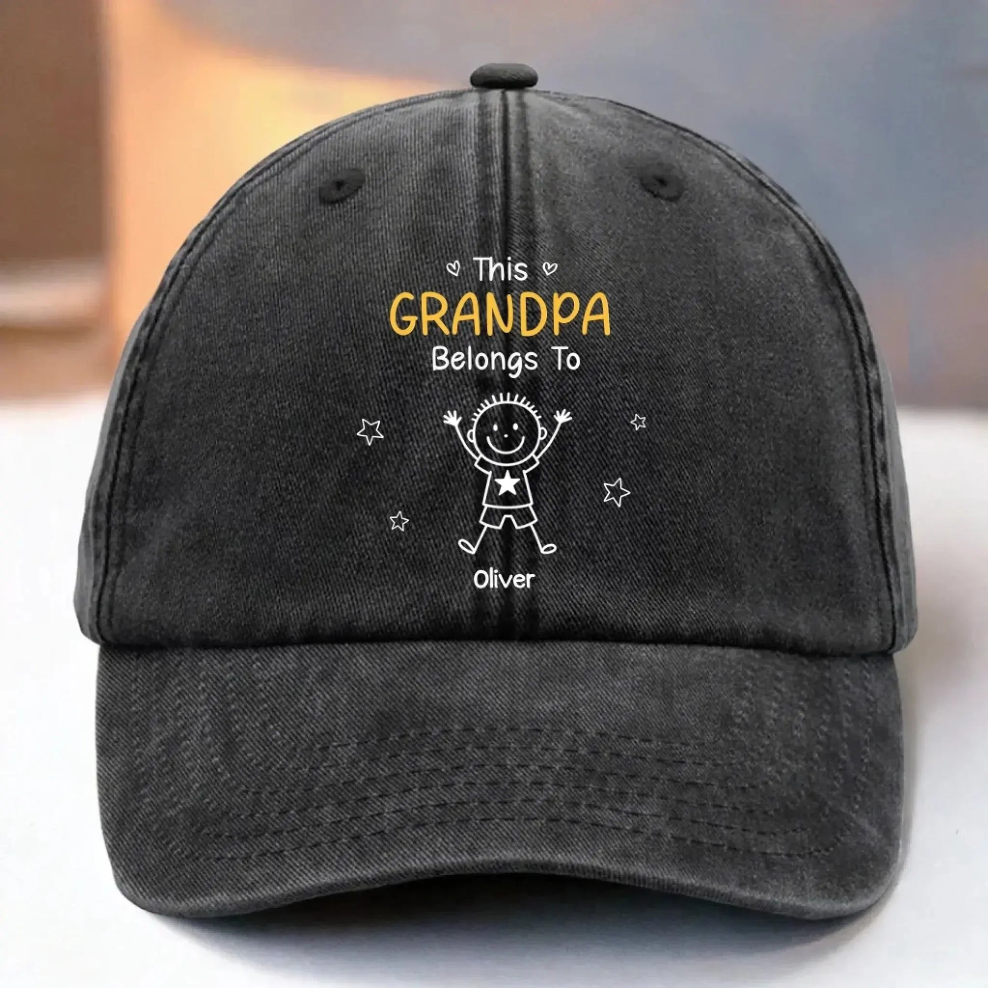 This Grandpa Belongs To – Personalized Washed Denim Cap with Grandkids' Names – Custom Stick Figure Hat Gift for Grandpa  Ezcustomize