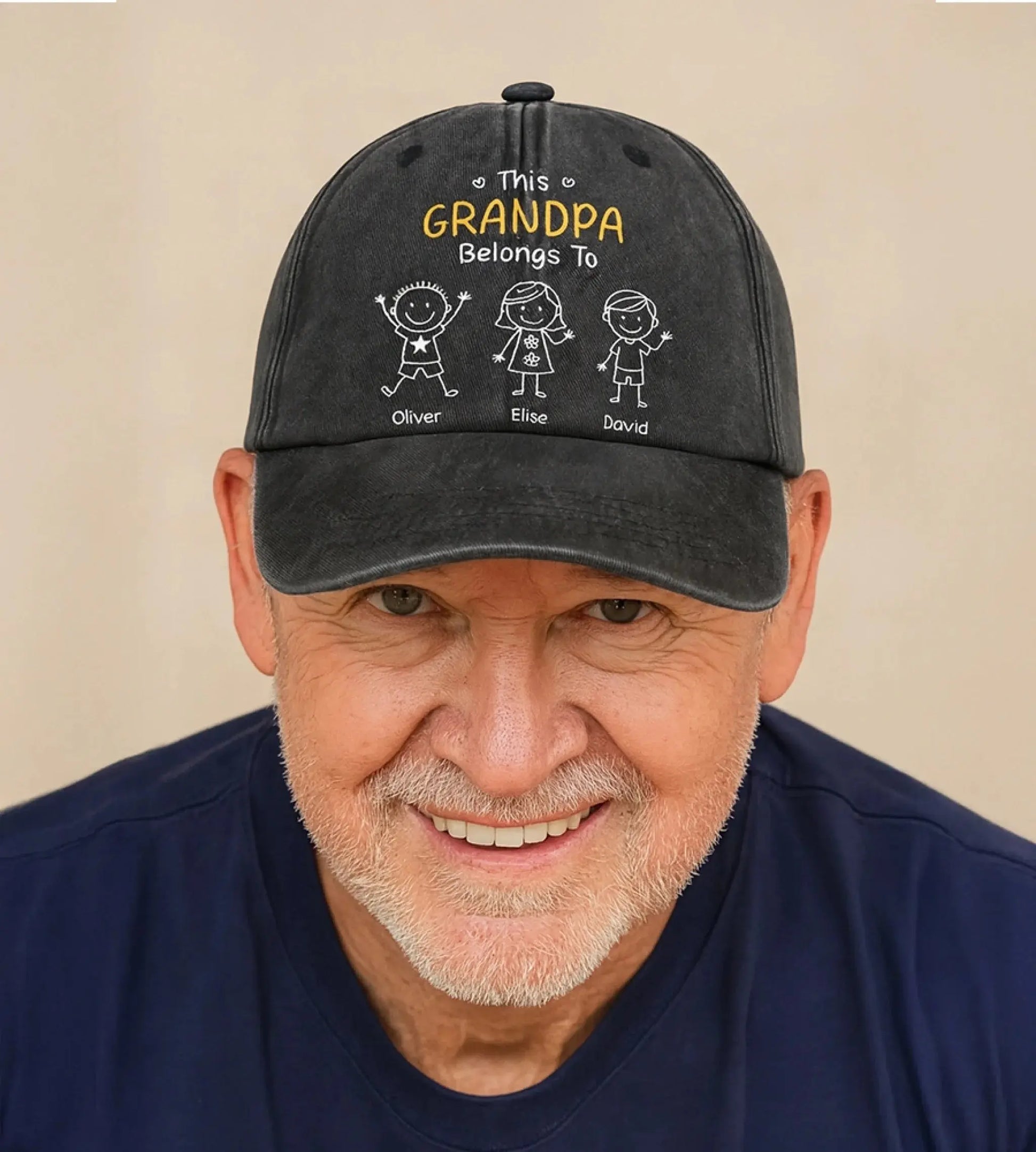 This Grandpa Belongs To – Personalized Washed Denim Cap with Grandkids' Names – Custom Stick Figure Hat Gift for Grandpa  Ezcustomize