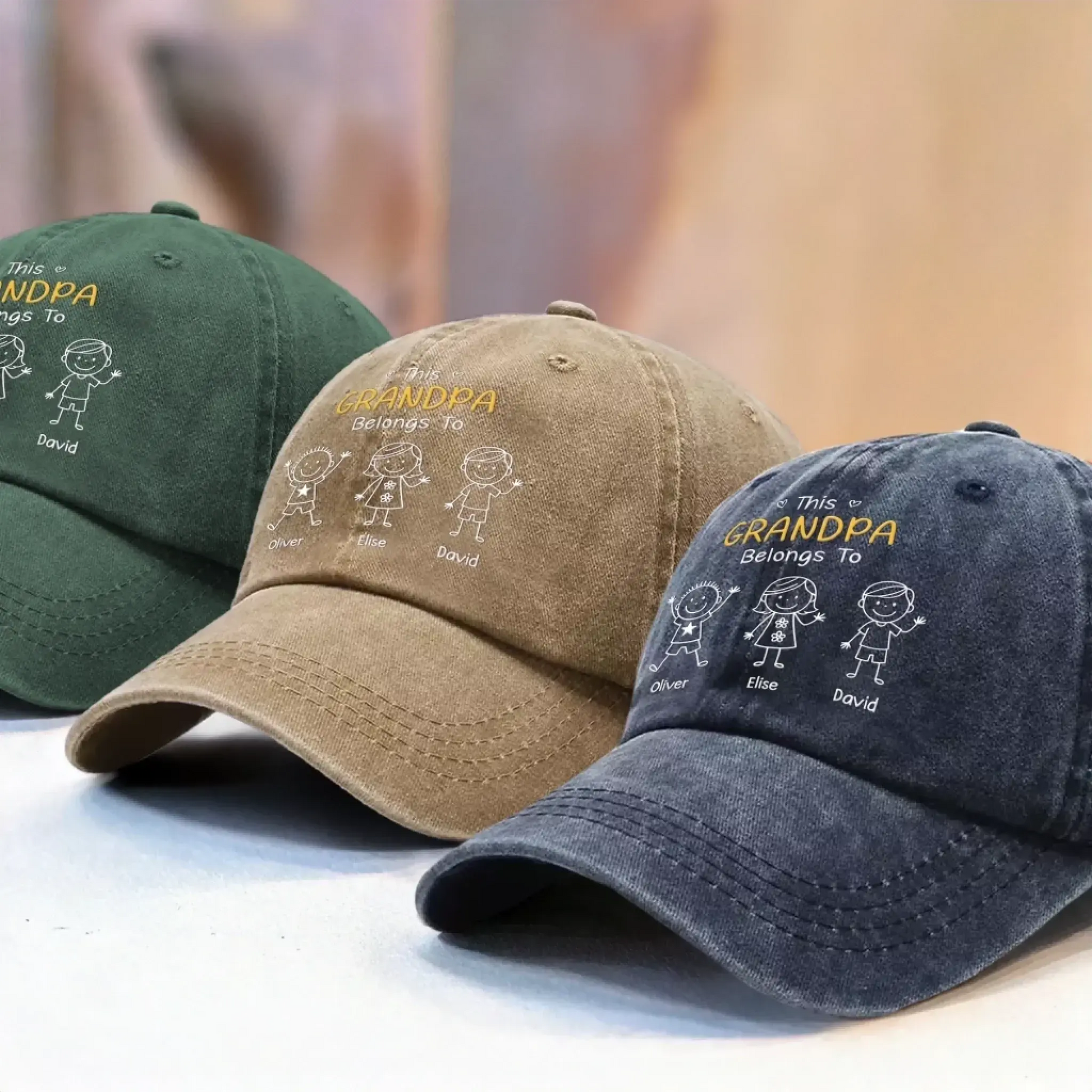 This Grandpa Belongs To – Personalized Washed Denim Cap with Grandkids' Names – Custom Stick Figure Hat Gift for Grandpa  Ezcustomize