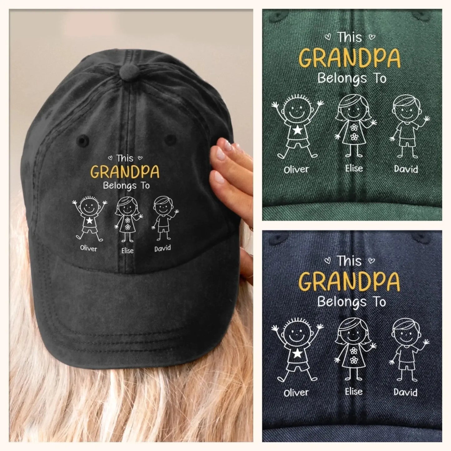 This Grandpa Belongs To – Personalized Washed Denim Cap with Grandkids' Names – Custom Stick Figure Hat Gift for Grandpa  Ezcustomize