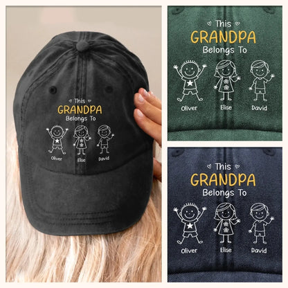 This Grandpa Belongs To – Personalized Washed Denim Cap with Grandkids' Names – Custom Stick Figure Hat Gift for Grandpa  Ezcustomize