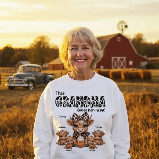 This Mama/Grandma Loves Her Herd – Personalized Highland Cow Family Shirt – Cozy Fall Vibe Gift for Mom, Grandma & Loved Ones  Ezcustomize