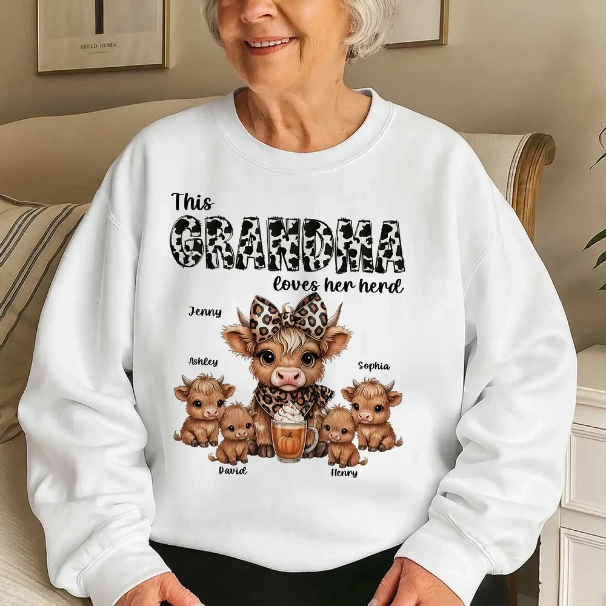 This Mama/Grandma Loves Her Herd – Personalized Highland Cow Family Shirt – Cozy Fall Vibe Gift for Mom, Grandma & Loved Ones  Ezcustomize