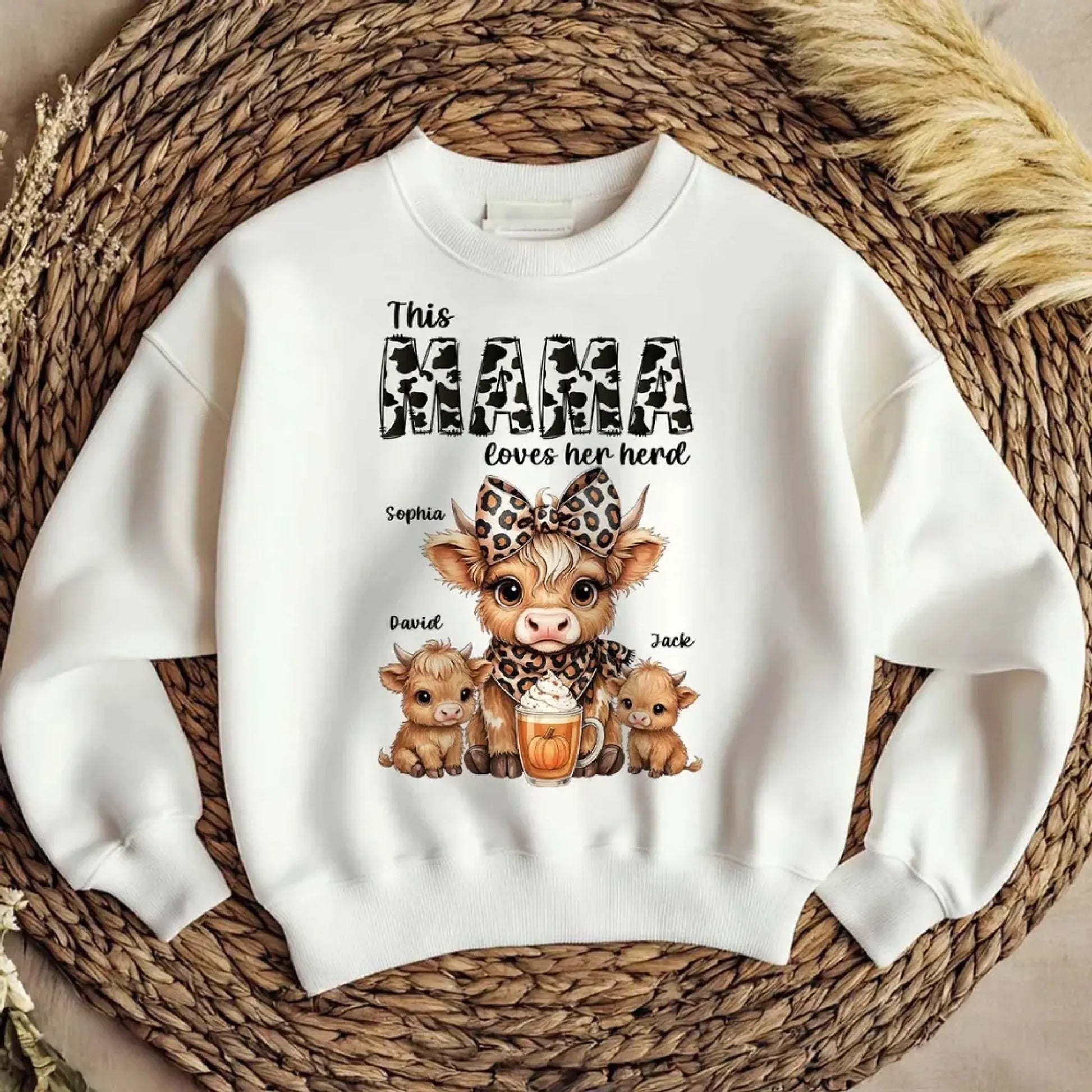 This Mama/Grandma Loves Her Herd – Personalized Highland Cow Family Shirt – Cozy Fall Vibe Gift for Mom, Grandma & Loved Ones  Ezcustomize