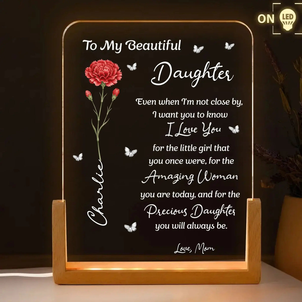 To My Daughter From Mom, Dad - Personalized Acrylic Night Light With Wooden Base - Gift for Daughter From Mom or Dad
