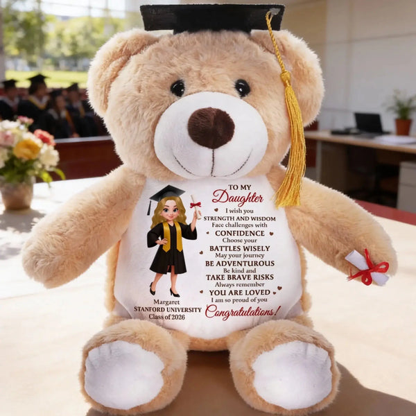 To My Daughter Strength Wisdom Congratulations - Personalized Graduation Teddy Bear - Gift for Daughter, Granddaughter, Son, Grandson