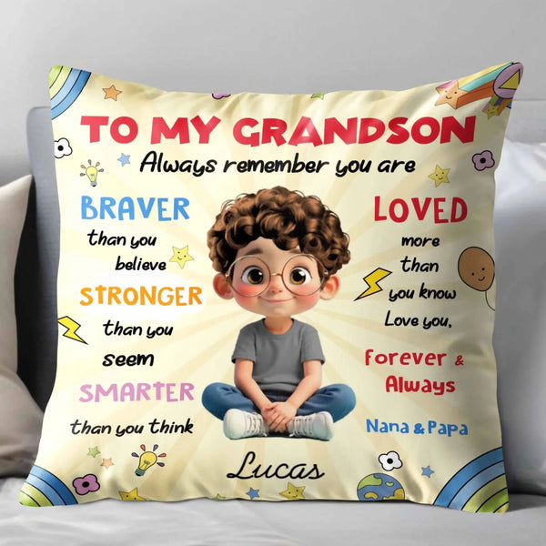 To My Grandson Space Rocket Always Remember You Are Braver Stronger Smarter Loved - Personalized Pillow - Gift for Grandson, Kids, Grandkids