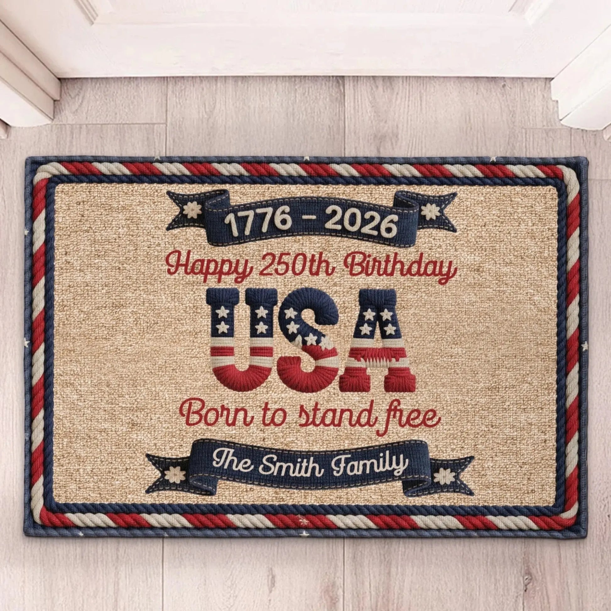 USA 250th Birthday Faux Yarn Pattern - Personalized Custom Name Doormat - Gift For Family  Ezcustomize