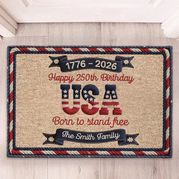 USA 250th Birthday Faux Yarn Pattern - Personalized Custom Name Doormat - Gift For Family