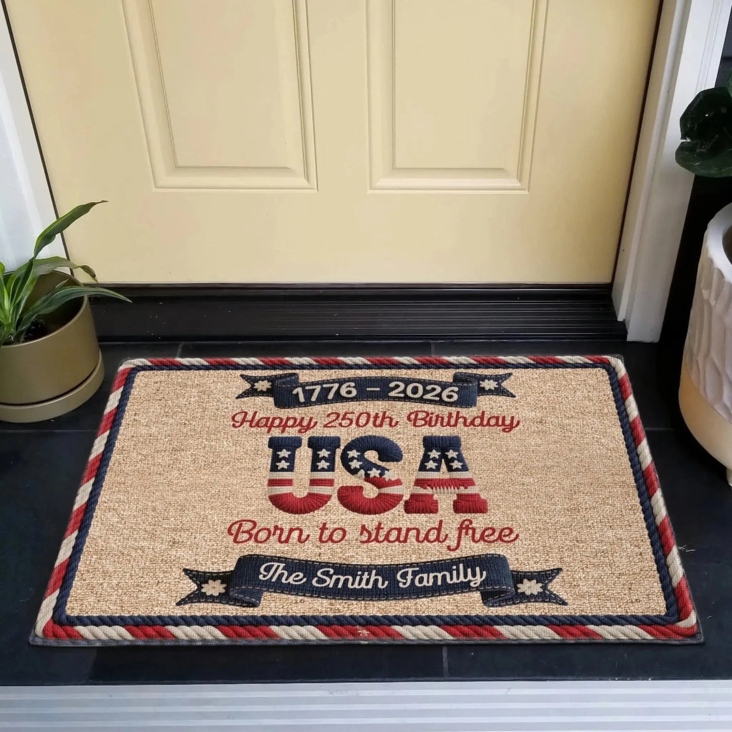 USA 250th Birthday Faux Yarn Pattern - Personalized Custom Name Doormat - Gift For Family  Ezcustomize