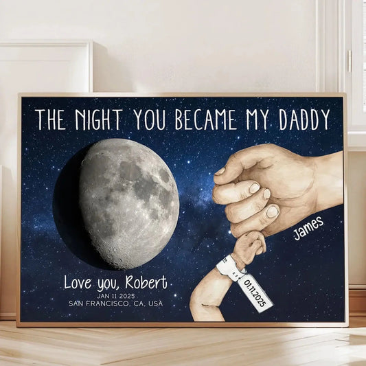 Under This Moon You Became My Daddy – Newborn Holding Hands Moon Phase Personalized Poster/Canvas – First Father’s Day Gift from Baby  Ezcustomize