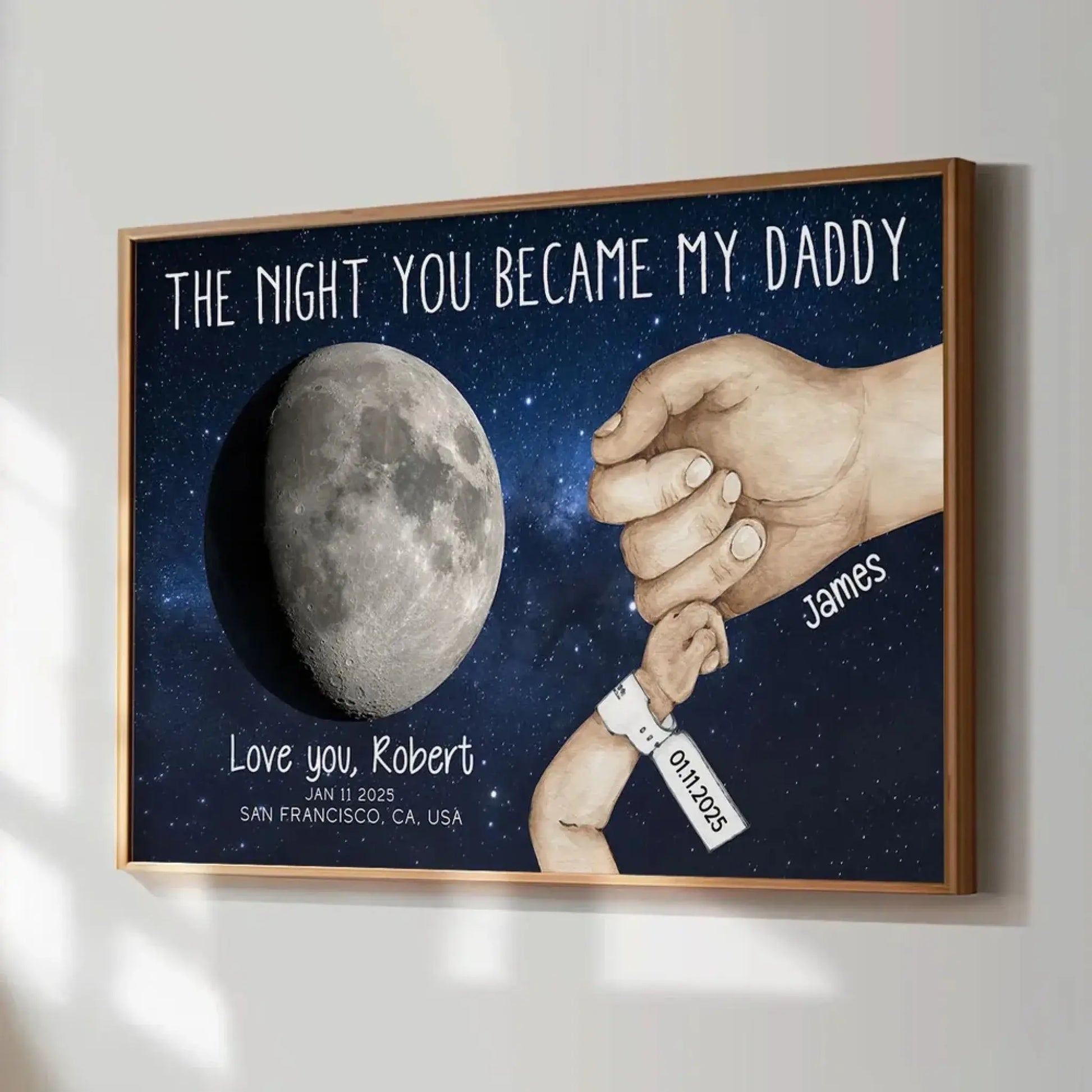 Under This Moon You Became My Daddy – Newborn Holding Hands Moon Phase Personalized Poster/Canvas – First Father’s Day Gift from Baby  Ezcustomize