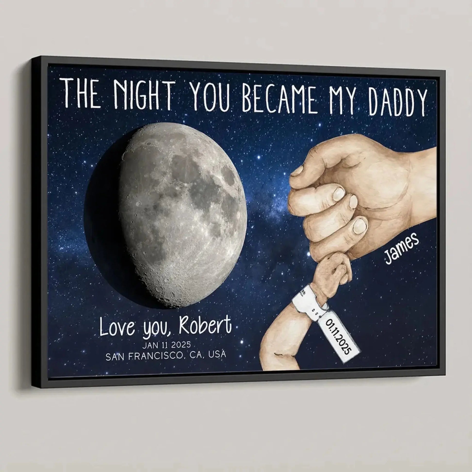 Under This Moon You Became My Daddy – Newborn Holding Hands Moon Phase Personalized Poster/Canvas – First Father’s Day Gift from Baby  Ezcustomize