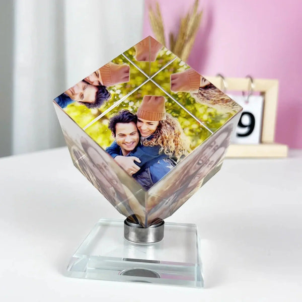 Unique Crystal Photo Cube - Personalized Spinning Keepsake for Family & Loved Ones