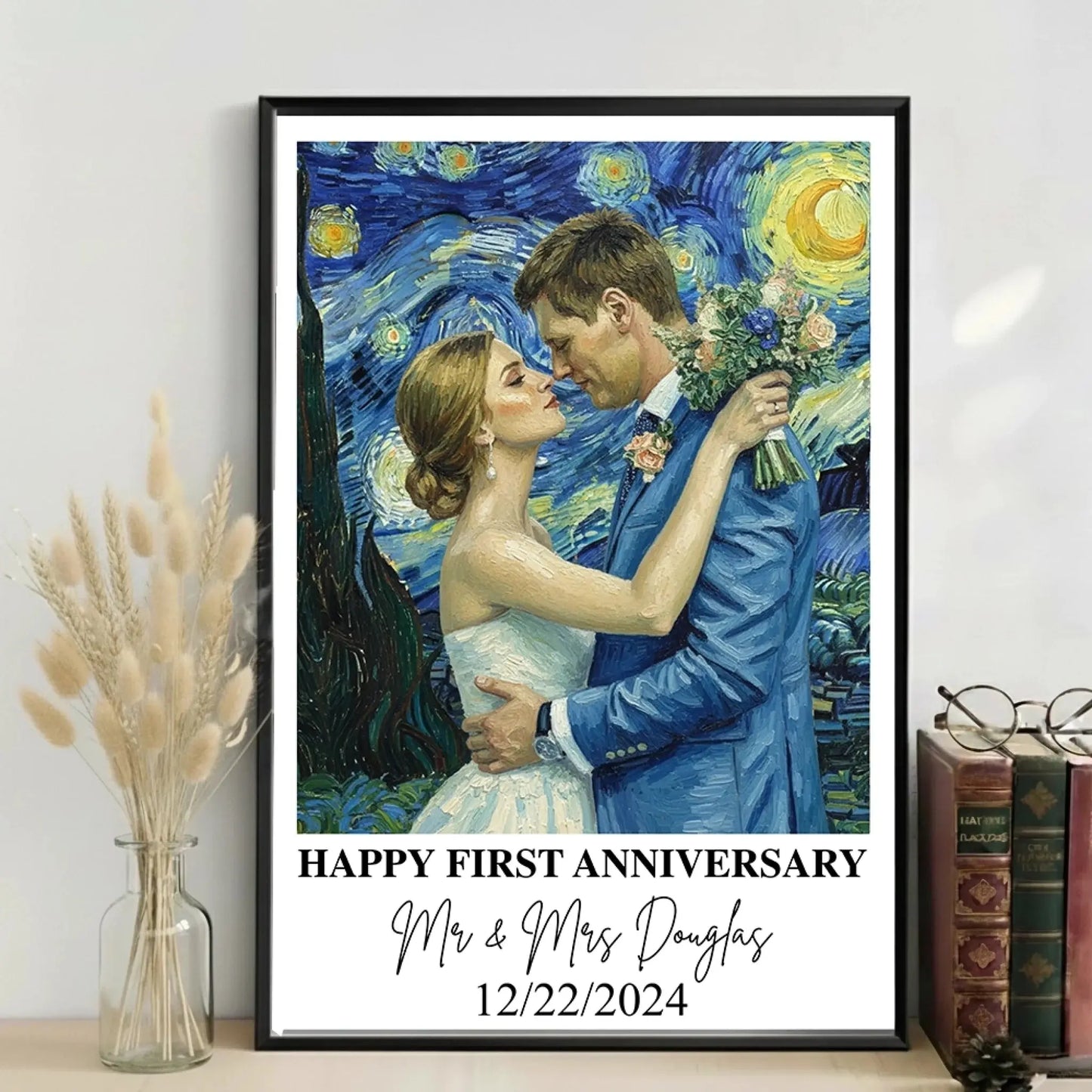 Van Gogh Style Wedding Portrait – Personalized Photo Poster/Canvas with Names and Date – Romantic Anniversary Gift for Couples  Ezcustomize