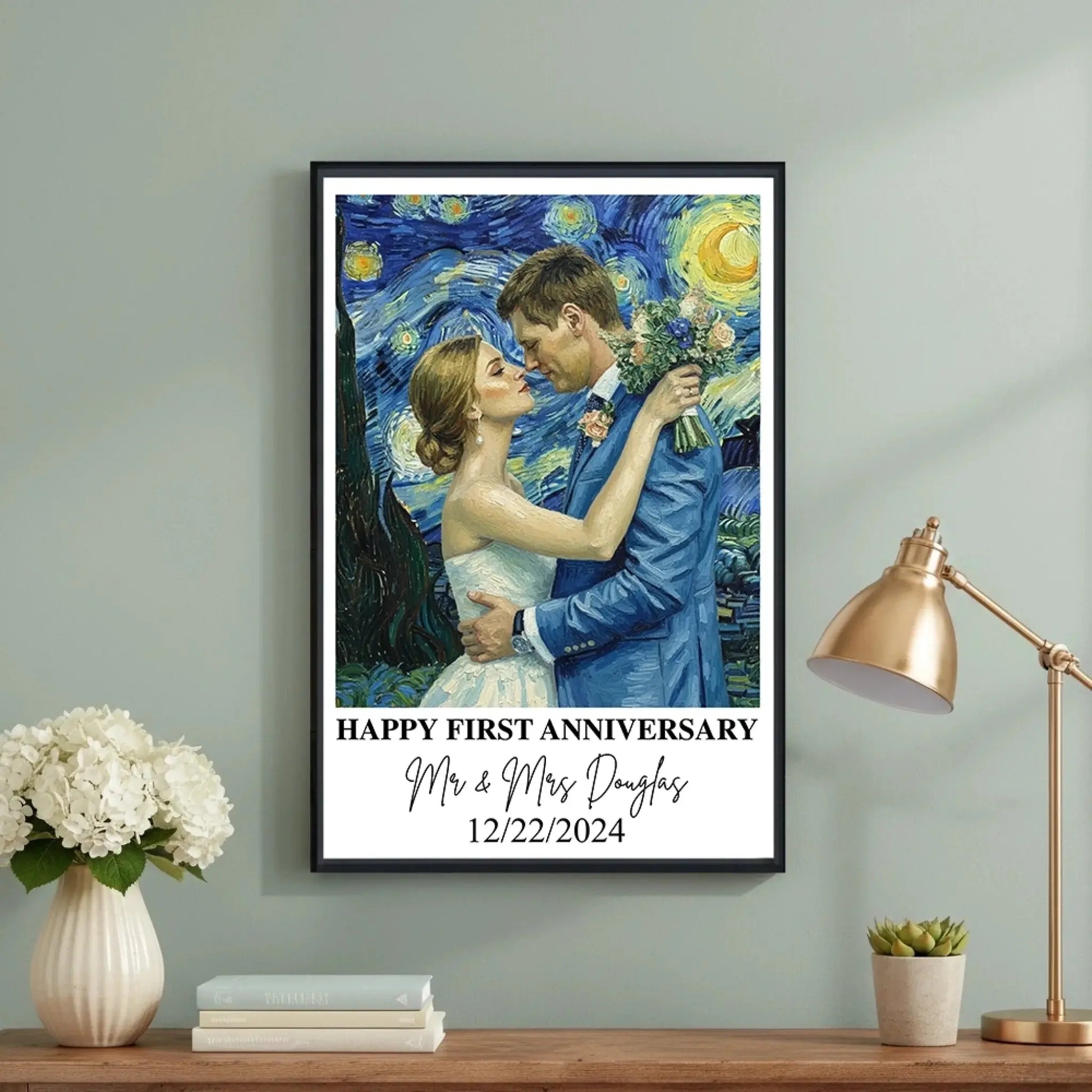 Van Gogh Style Wedding Portrait – Personalized Photo Poster/Canvas with Names and Date – Romantic Anniversary Gift for Couples  Ezcustomize