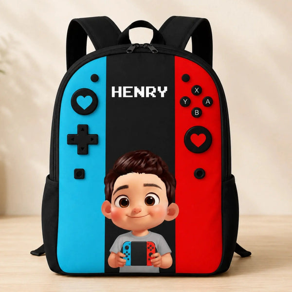 Video Game Controller Gamer Design with Custom Character Name - Personalized Backpack - Gift for Kids, Boys, Girls, Son, Daughter