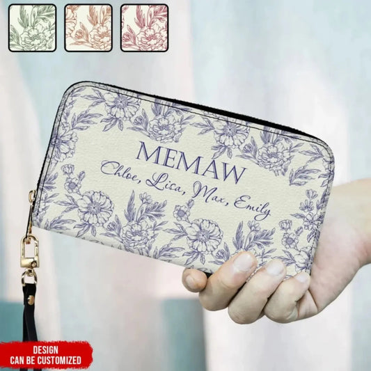 Vintage Floral Grandma And Her Kids - Personalized Leather Wallet, Retro Style Wallet, Gift for Mom/ Grandma  Ezcustomize