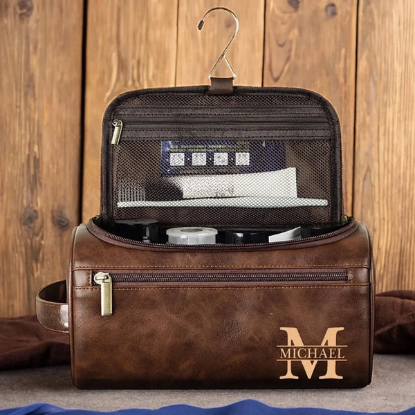 Vintage Monogram – Personalized Leather Toiletry Bag – Gift for Husband, Dad, Boyfriend, Men