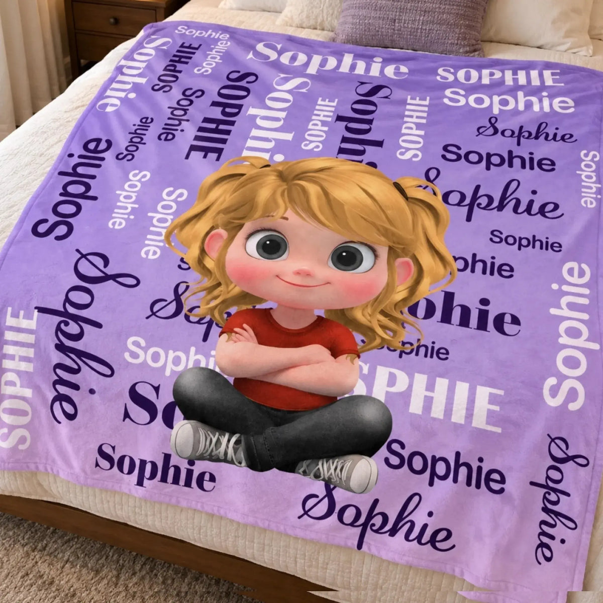 Chăn tím cá nhân hóa Sophie trên giường ấm cúng