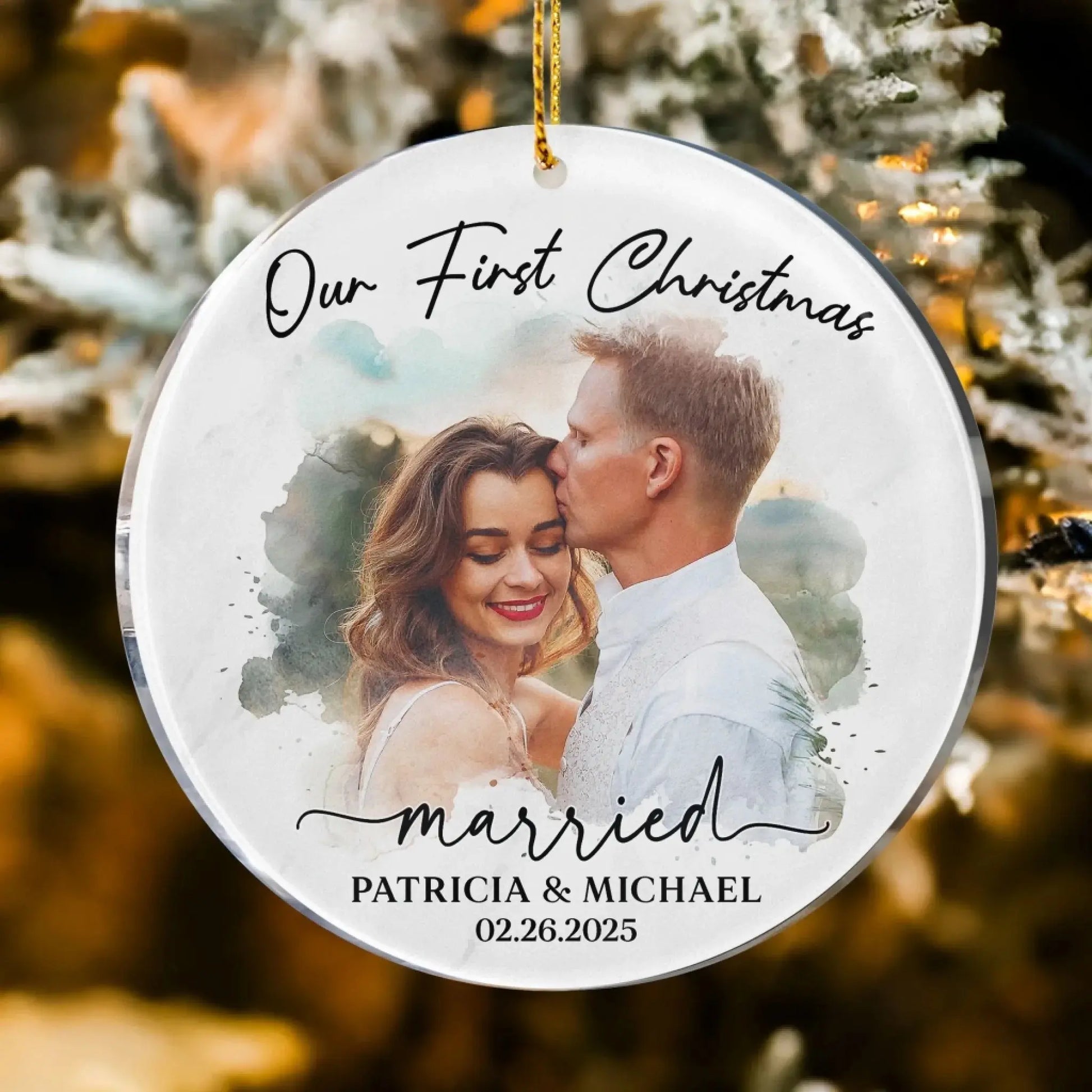 Watercolor Style Our First Christmas Married - Personalized Acrylic Photo Ornament  Ezcustomize