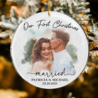 Watercolor Style Our First Christmas Married - Personalized Acrylic Photo Ornament  Ezcustomize