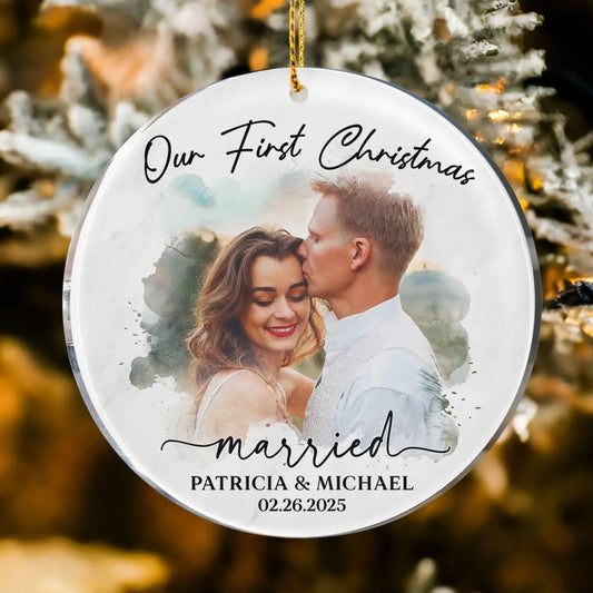 Watercolor Style Our First Christmas Married - Personalized Acrylic Photo Ornament  Ezcustomize