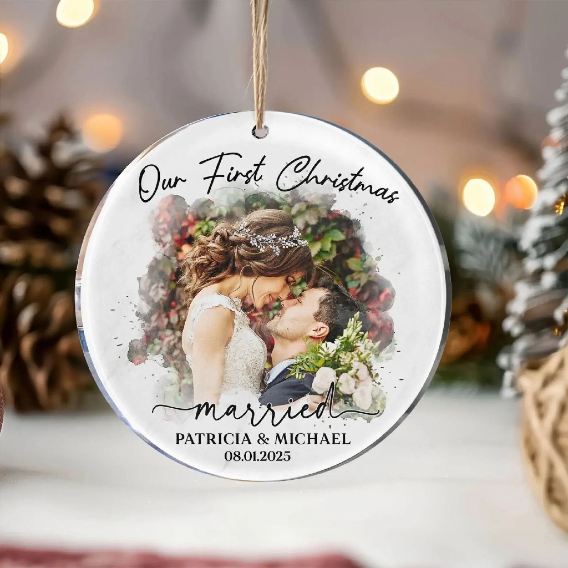 Watercolor Style Our First Christmas Married - Personalized Acrylic Photo Ornament  Ezcustomize
