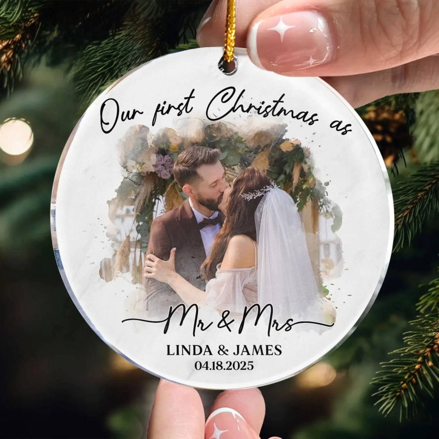 Watercolor Style Our First Christmas Married - Personalized Acrylic Photo Ornament  Ezcustomize