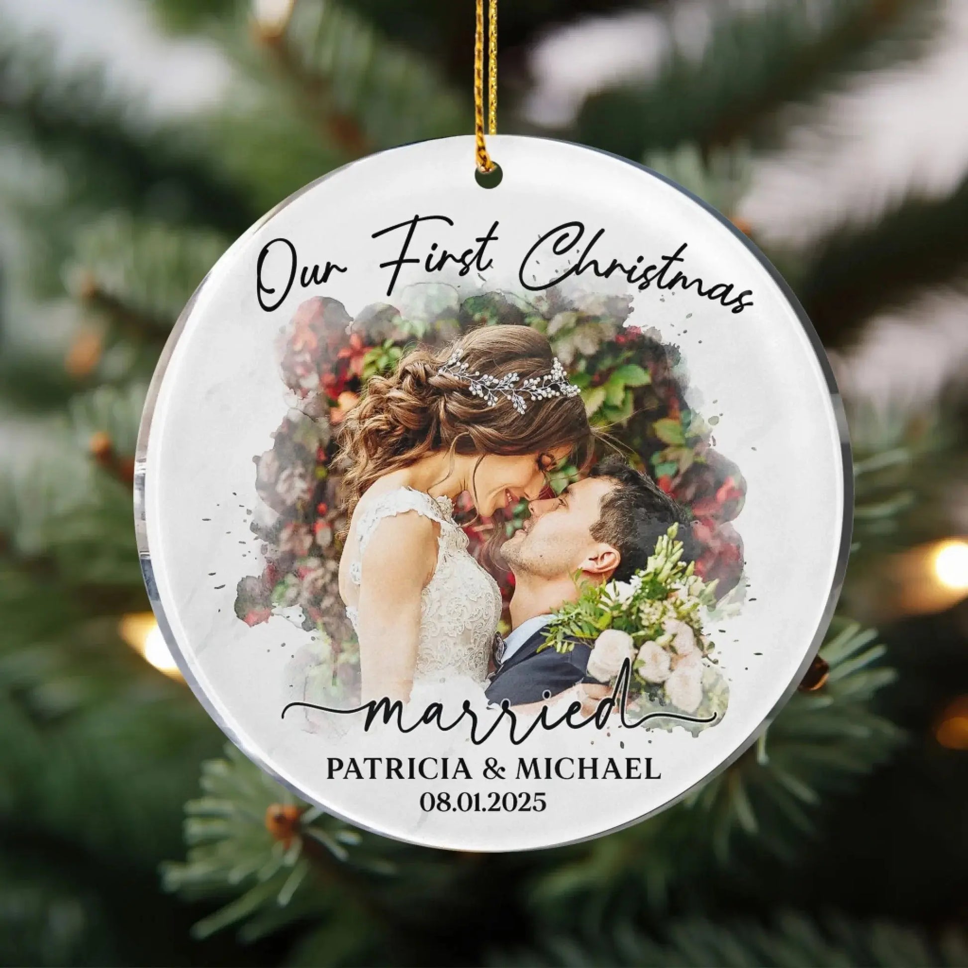 Watercolor Style Our First Christmas Married - Personalized Acrylic Photo Ornament  Ezcustomize