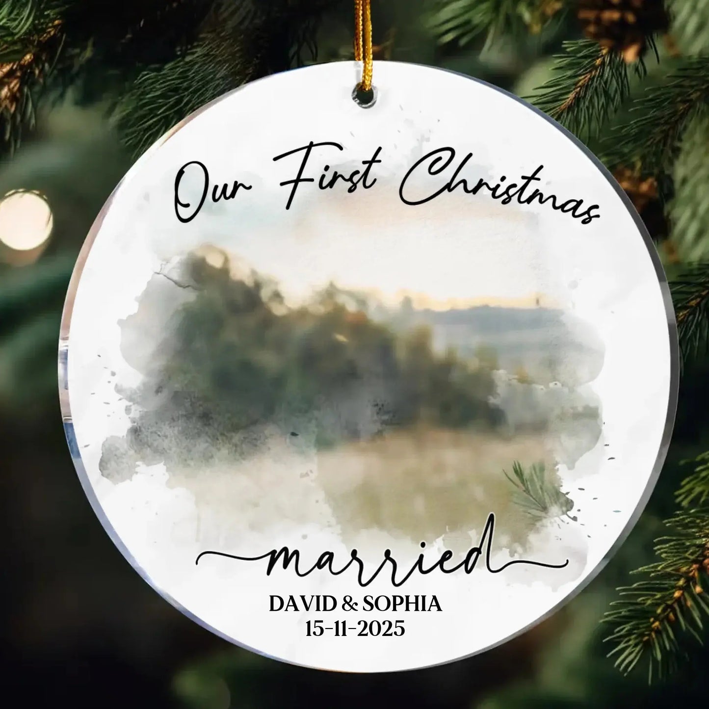 Watercolor Style Our First Christmas Married - Personalized Acrylic Photo Ornament  Ezcustomize