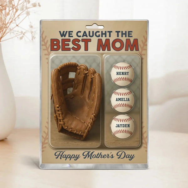 We Caught The Best Dad Baseball Plaque – Personalized Acrylic Block with Glove & Kids’ Figures – Father’s Day Gift for Dad or Grandpa
