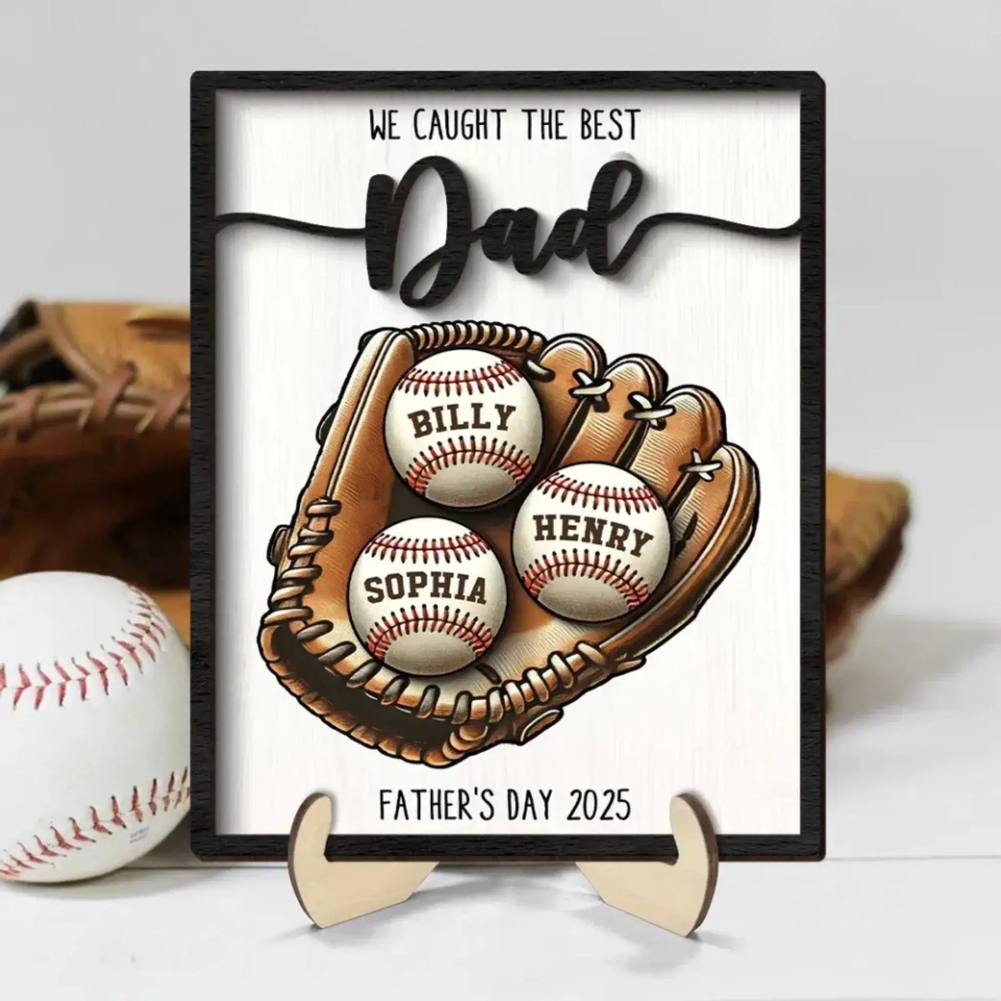 We Caught The Best Dad Baseball, Softball Personalized 2-Layer Wooden Plaque, Custom Kid's Name, Father’s Day Gift For Husband, Gift For Dad  Ezcustomize