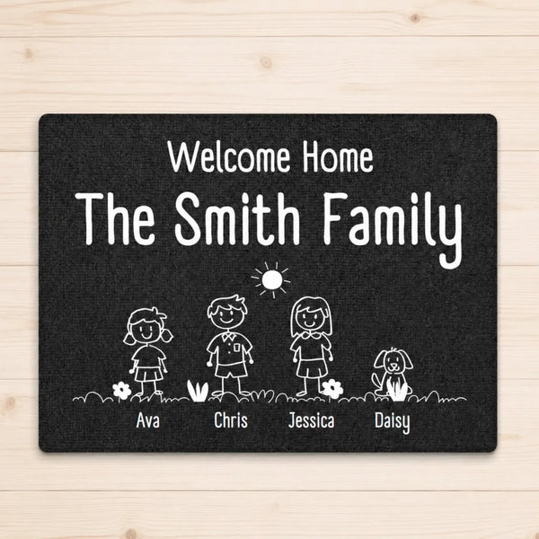Welcome Home Stick Figure Family with Custom Name - Personalized Rubber Doormat - Gift for Family, Couples, New Homeowners, Parents