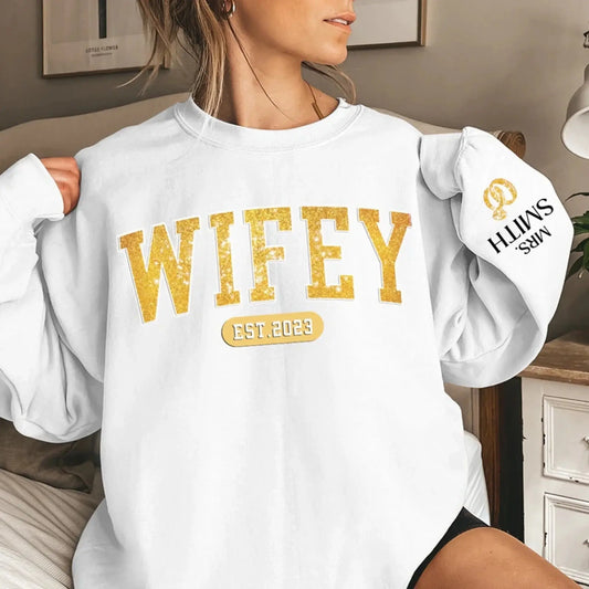 Wifey Est. Design on Sleeve – Custom Unisex Sweatshirt – Personalized Anniversary & Wedding Gift for Husband, Wife, Him & Her  Ezcustomize
