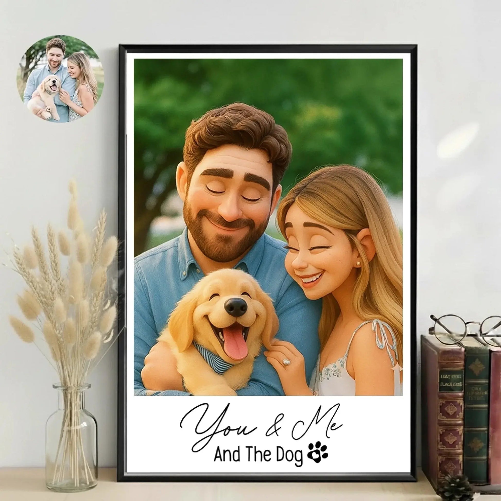 You & Me And The Dog Cartoon Portrait – Personalized Couple & Pet Photo Poster or Canvas  Ezcustomize
