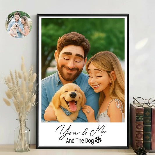 You & Me And The Dog Cartoon Portrait – Personalized Couple & Pet Photo Poster or Canvas  Ezcustomize