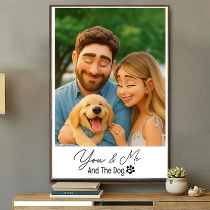You & Me And The Dog Cartoon Portrait – Personalized Couple & Pet Photo Poster or Canvas  Ezcustomize