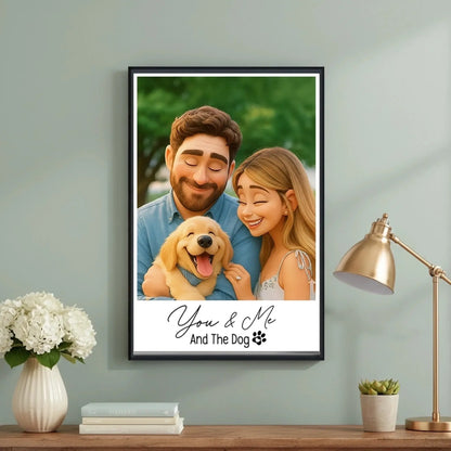 You & Me And The Dog Cartoon Portrait – Personalized Couple & Pet Photo Poster or Canvas  Ezcustomize
