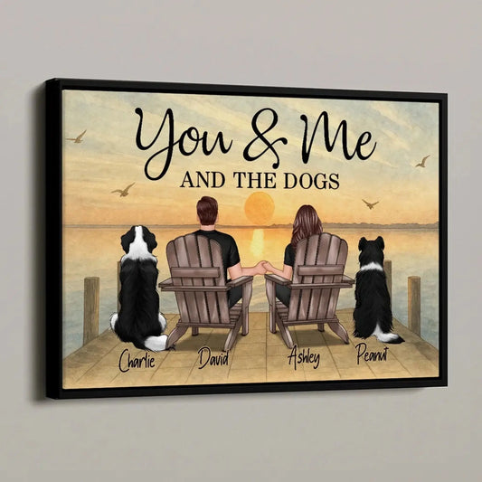 You & Me and the Dogs – Custom Couple Poster/Canvas with Pets – Personalized Sunset Beach Scene for Dog Lovers  Ezcustomize