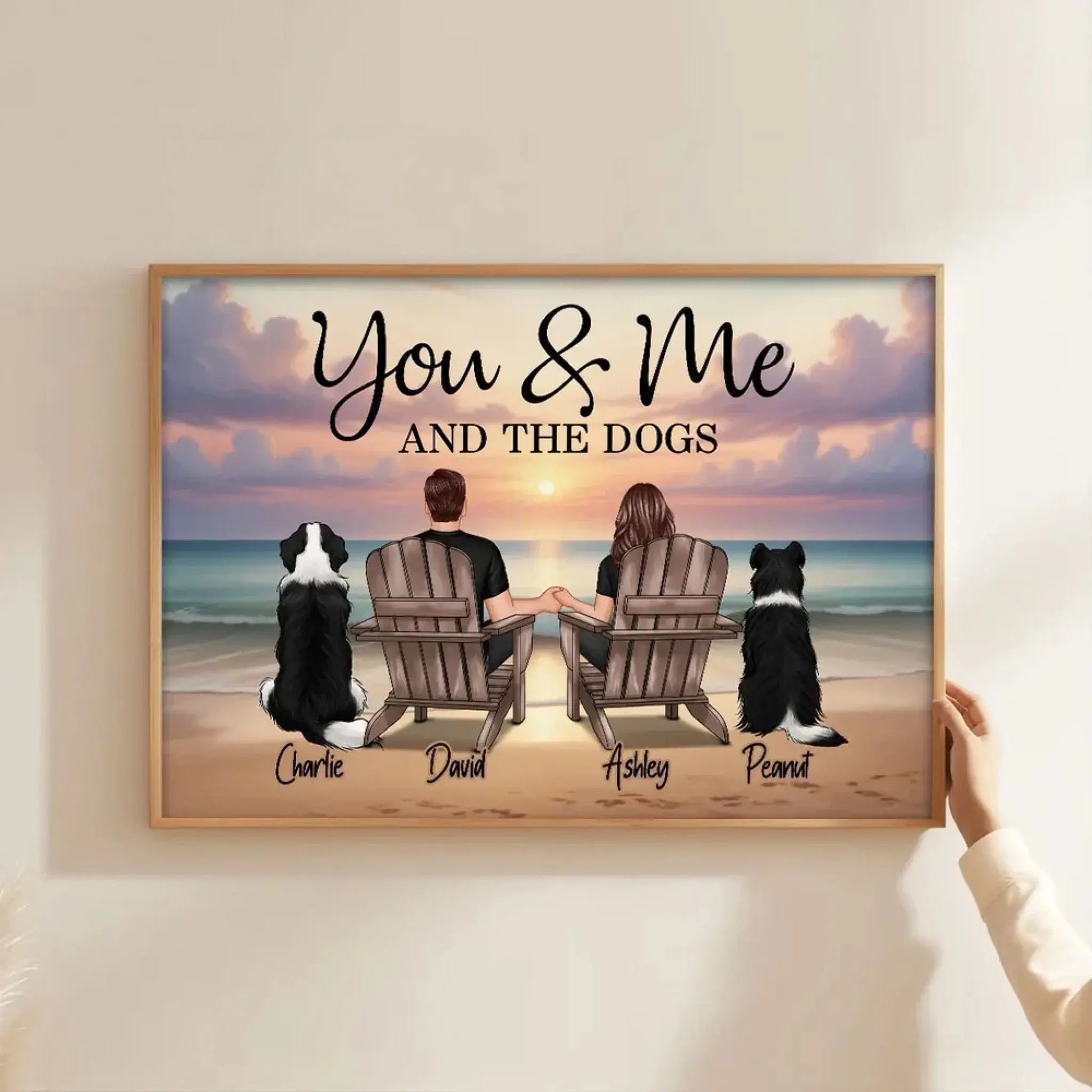 You, Me and The Dogs – Custom Beach Poster with Pets and Couple Names, Personalized Romantic Gift for Pet Lovers, Anniversary, or Home Decor  Ezcustomize